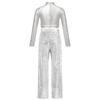 Girls Shiny Sequins Dance Crop Top Mock Neck Long Sleeve High Waist Wide Leg Pants Set