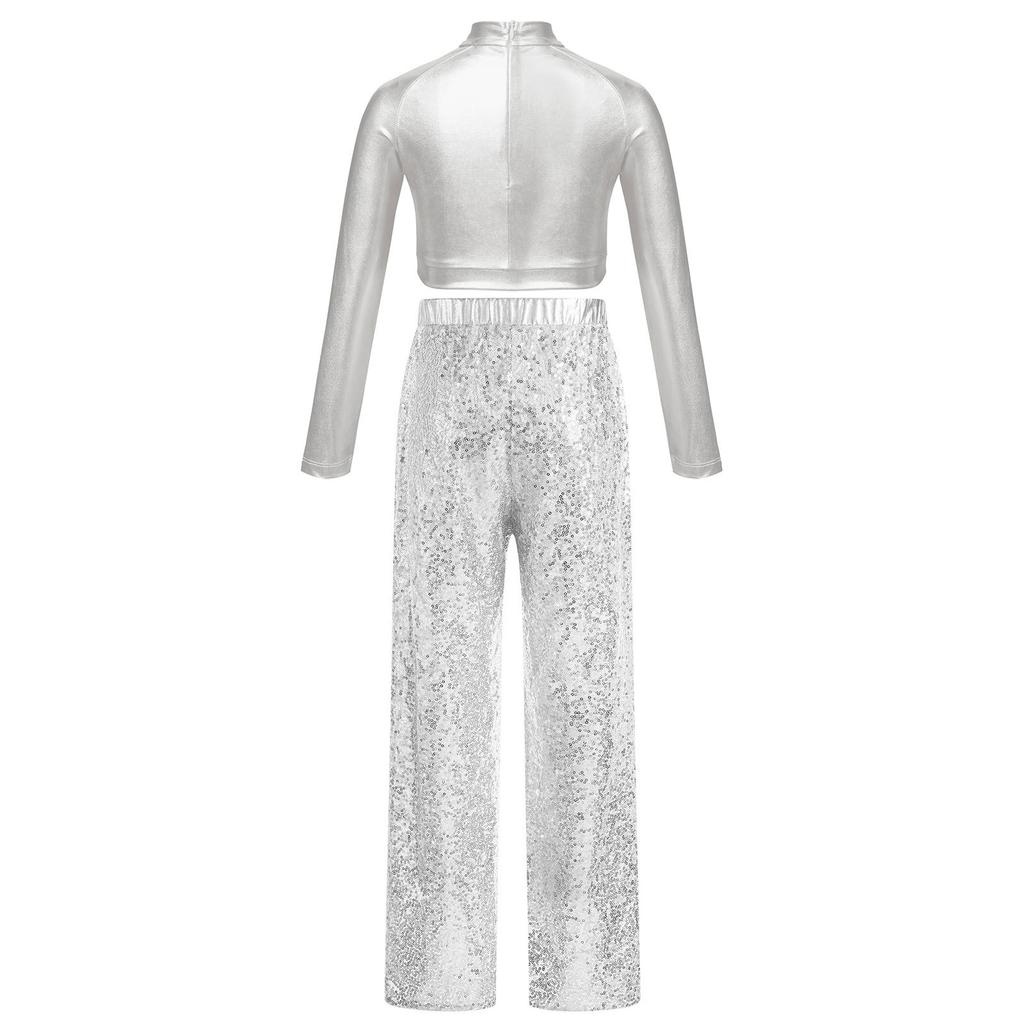 Girls Shiny Sequins Dance Crop Top Mock Neck Long Sleeve High Waist Wide Leg Pants Set