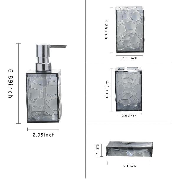 Bathroom Accessories Set 4-Piece Plastic Gift Set with Toothbrush Holder, Toothbrush Cup, Soap Dispenser, Soap Dish(Gray)