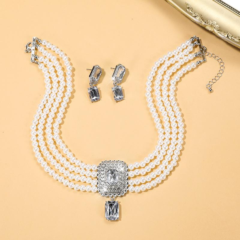 Multi-layer Bridal Anti-Pearl Earrings Necklace Geometric Crystal Full Diamond Necklace Set Choker Female