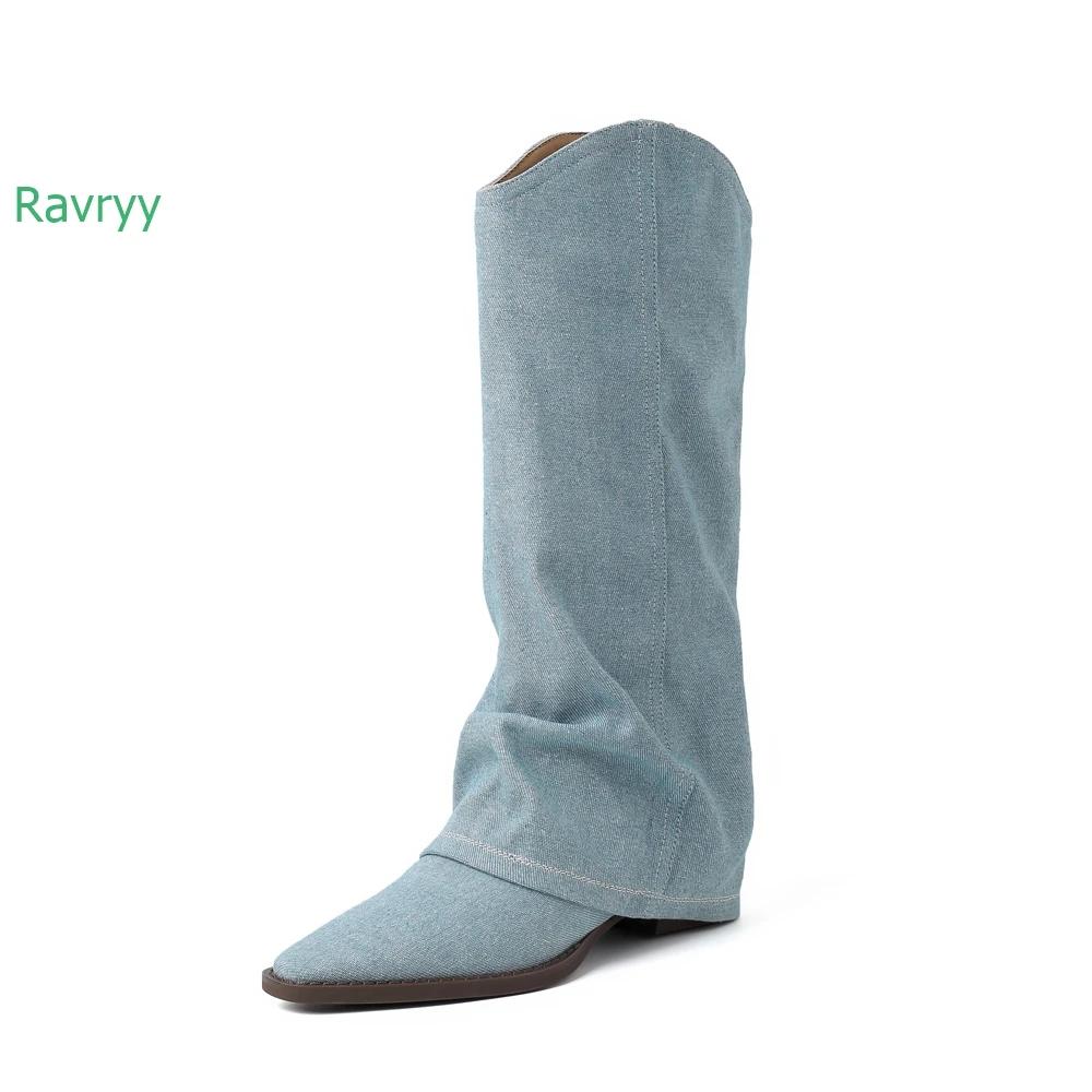 

Fashion 2025 New Western Cowboy Boots Denim Pointed Toe Mid-Chunky Heel V Mouth Autumn and Winter All-Match Retro Pile Women Boots 42