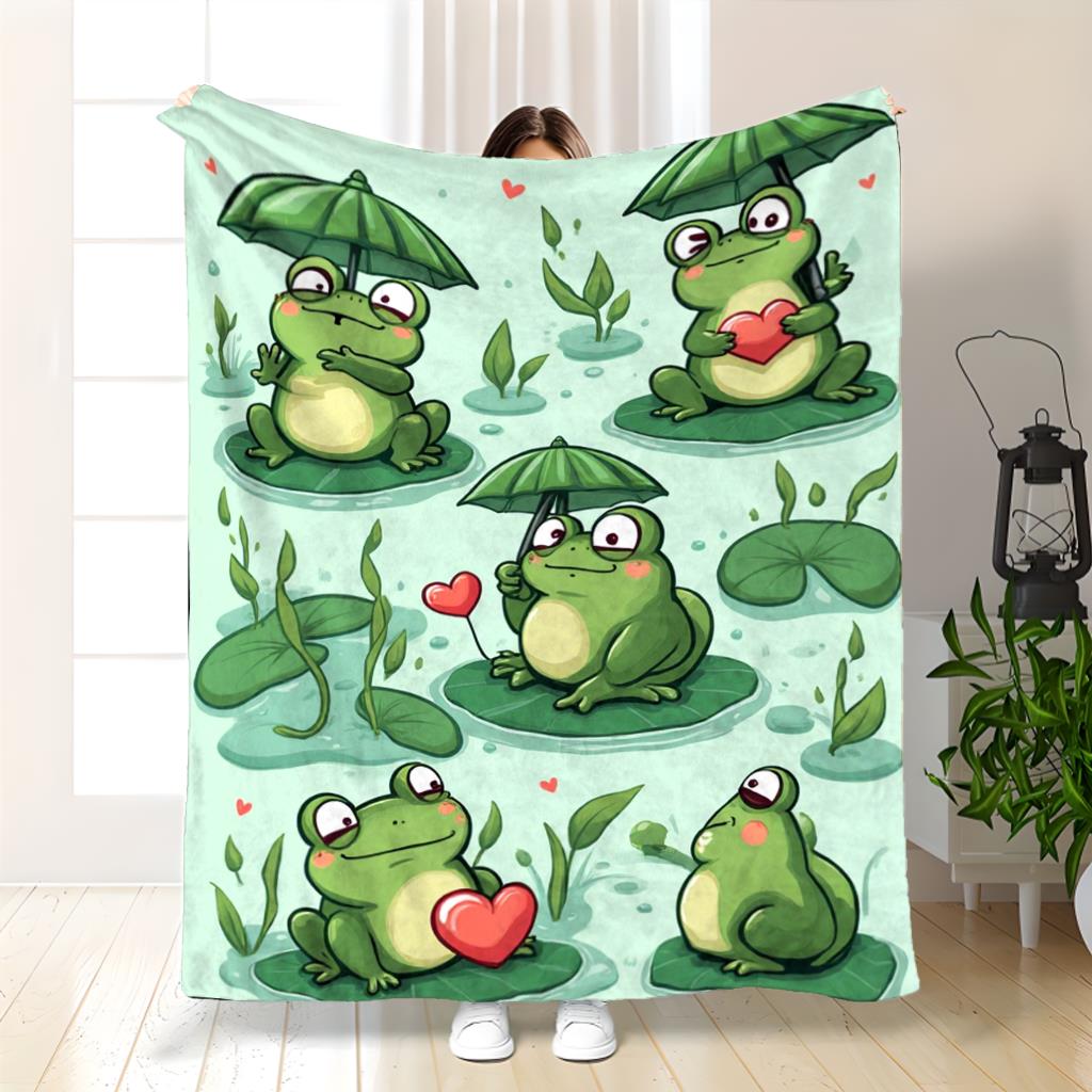 Coperta Ranocchia Carina Ranocchie Cartone Animato Con Ombrelli E Cuori Design Foglia di Giglio Verde Morbido Pile Plaid Accogliente Decorazione Stanza Bambini Idea Regalo