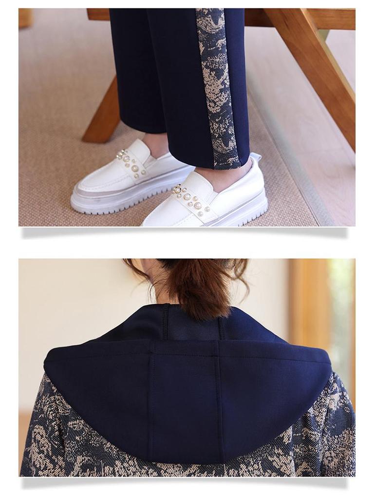 Spring 2025 Floral Hooded Jacket & Pants Set for Middle-Aged and Elderly Women