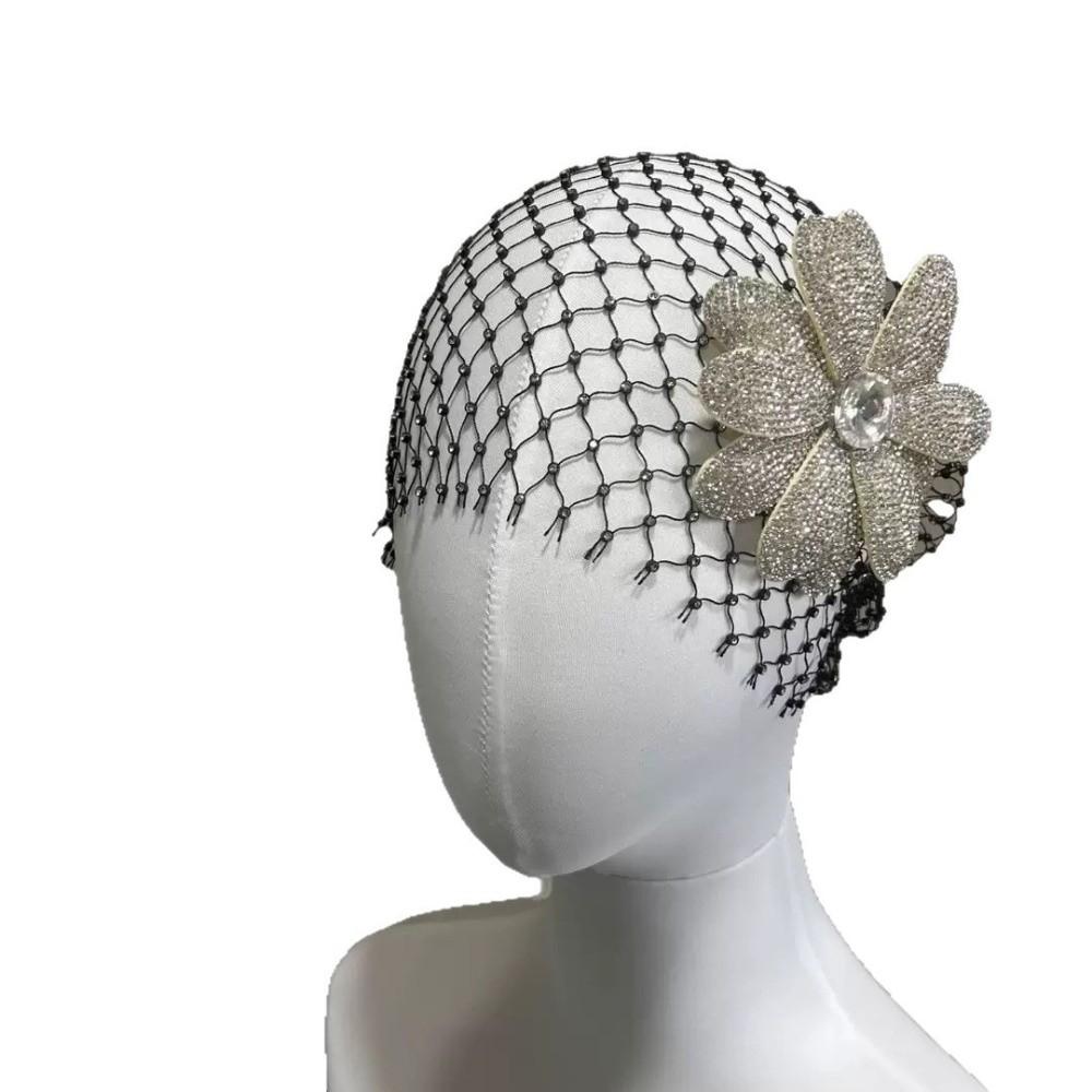 

Retro Rhinestones Flower Net Hat Hollow DIY Bridal Headdress Black Handmade Wedding Headwear білий