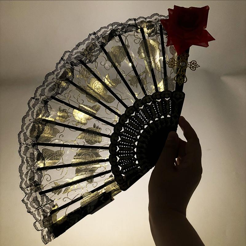 9 Inches Glowing Rose Lace Fan Anime Show Gothic Retro Flower Lolita Cosplay Accessories LED Black Rose Folding Fan Led Fans