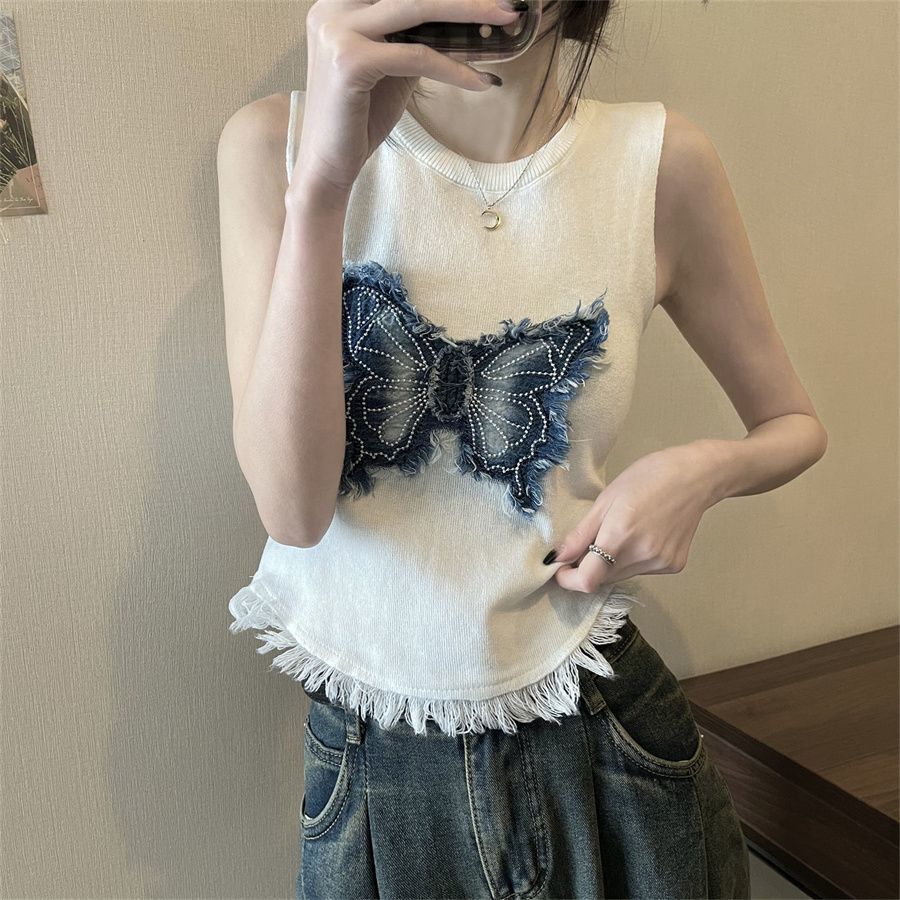 Summer Thai Style Niche Sweet and Spicy Butterfly Tank Top with Camisole for Women Wearing Short Sleeveless Tops