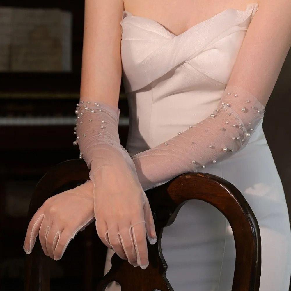 Handmade Beading Bridal Gloves Transparent Tulle Gloves Vintage Pearl Gloves  Dinner Party