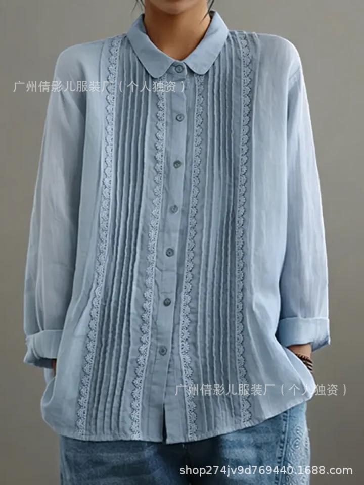 White Long Sleeve Shirt with Front Pleats and Lace Trim