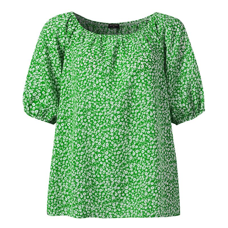 

VONDA женская летняя свободная блузка с круглым вырезом и коротким рукавом с небольшим цветочным принтом S зелёный