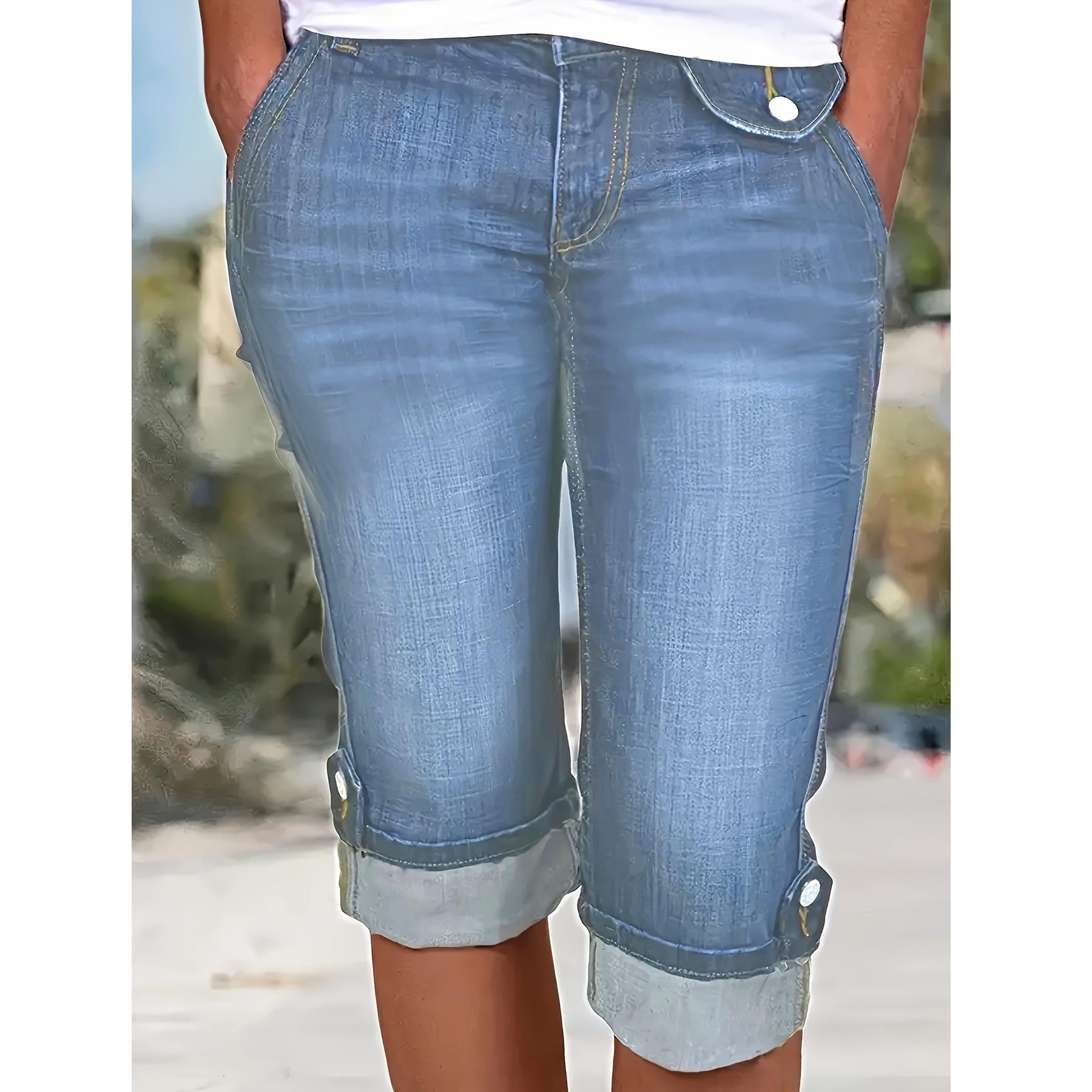 Plus Size Women s Elastic Slim Fit Cuffed Denim Bicycle Shorts 3XL синий