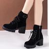 Cotton Shoes Winter New Round Toe Suede Zip Metal Buckle Platform Non-Slip Block Heel Booties
