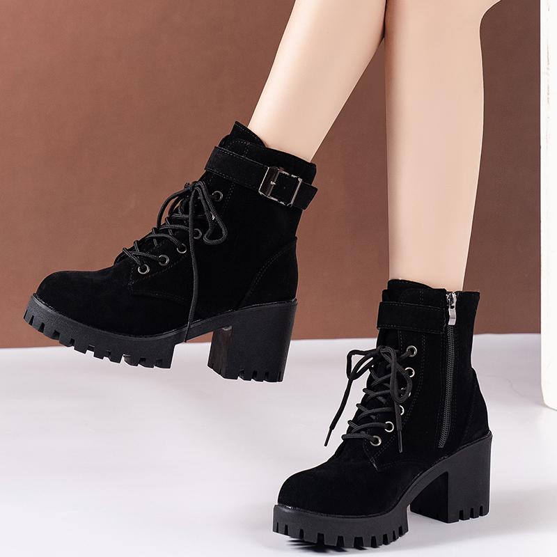 Cotton Shoes Winter New Round Toe Suede Zip Metal Buckle Platform Non-Slip Block Heel Booties