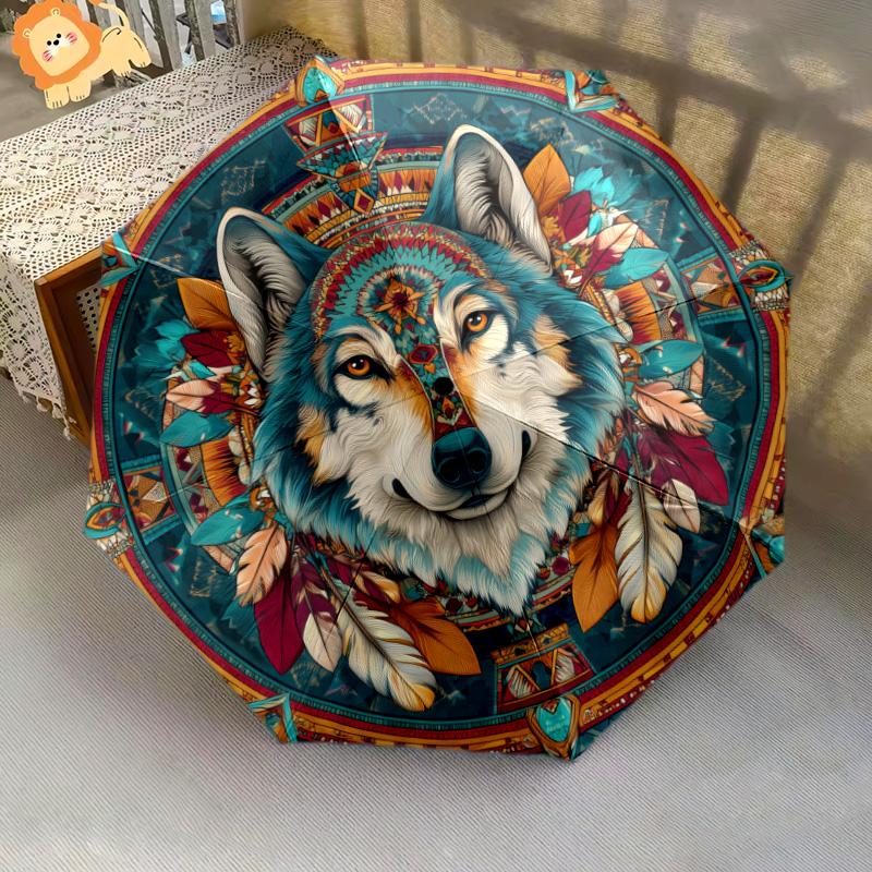 Indian - Style Wolf Pattern, Automatic Folding Umbrella, Portable and Foldable Design, 8 Ribs, a Christmas or Birthday Gift.