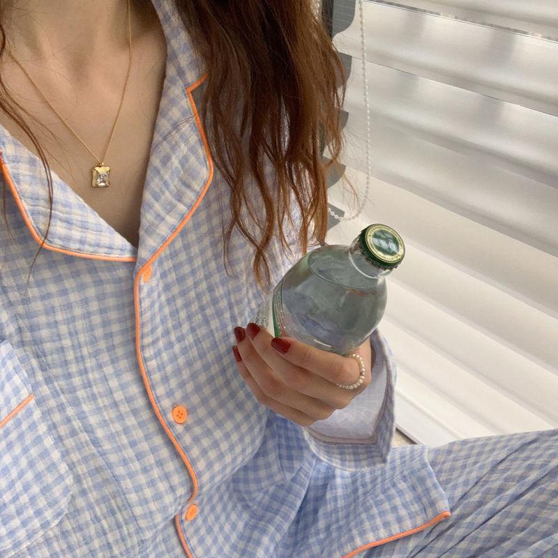 Baumwolle Damen Pyjama Nachtwäsche Weiblich 2-teiliges Set Pijama Kariert Nachtkleidung Herbst Pyjama Kleidung