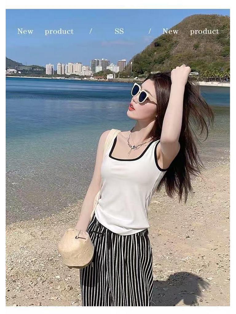 Trendy Square Neck Color Block Camisole with Chest Pads - Summer Hot Item for Inner & Outer Wear