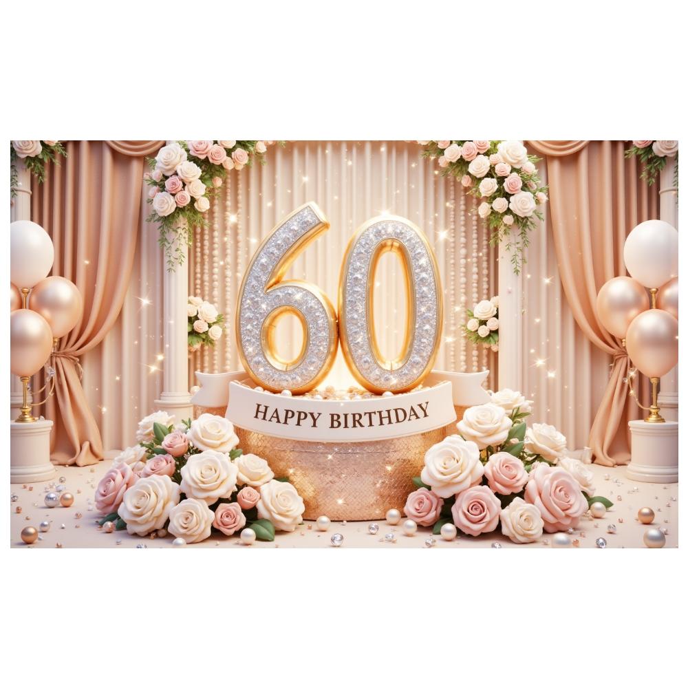 60. Meilenstein Kulisse Goldene Ballons Geburtstagsfeier Banner Happy 60 Birthday Banner Zartrosa Rosen Für Formelle Anlässe