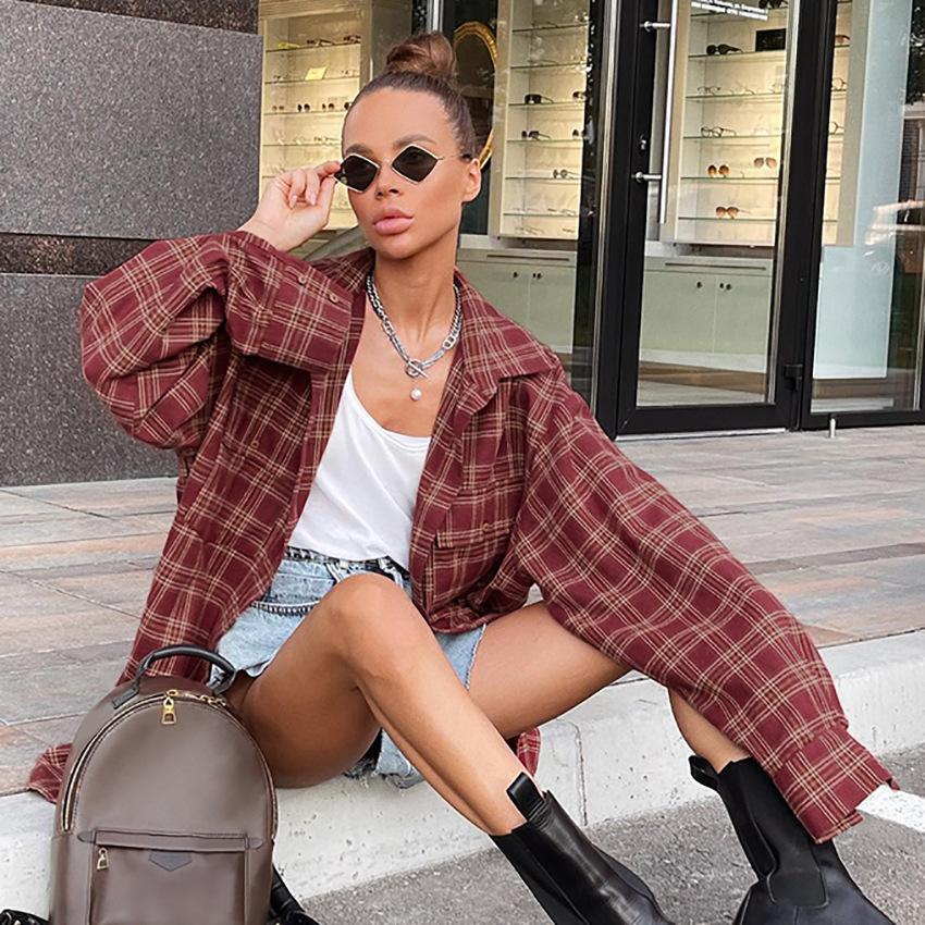 Fall Vintage American Red Scottish Plaid Antique Shirt Women Casual Loose Long Sleeve Blouse Plus Size