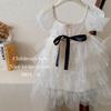 Summer New Girls Fashion White Shining Star Beads Cake Dress Kids Square Neck Bow Evening Dresses