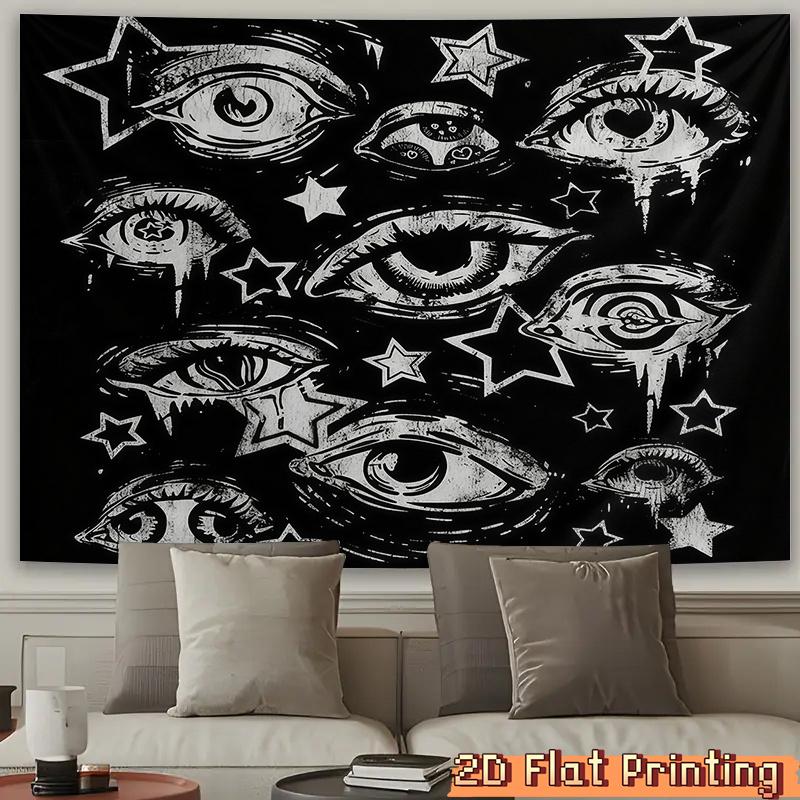 2D Flat Black White Abstract Tapestry Eyes and Stars Pattern Wall Hanging for Bedroom Living Room Decor