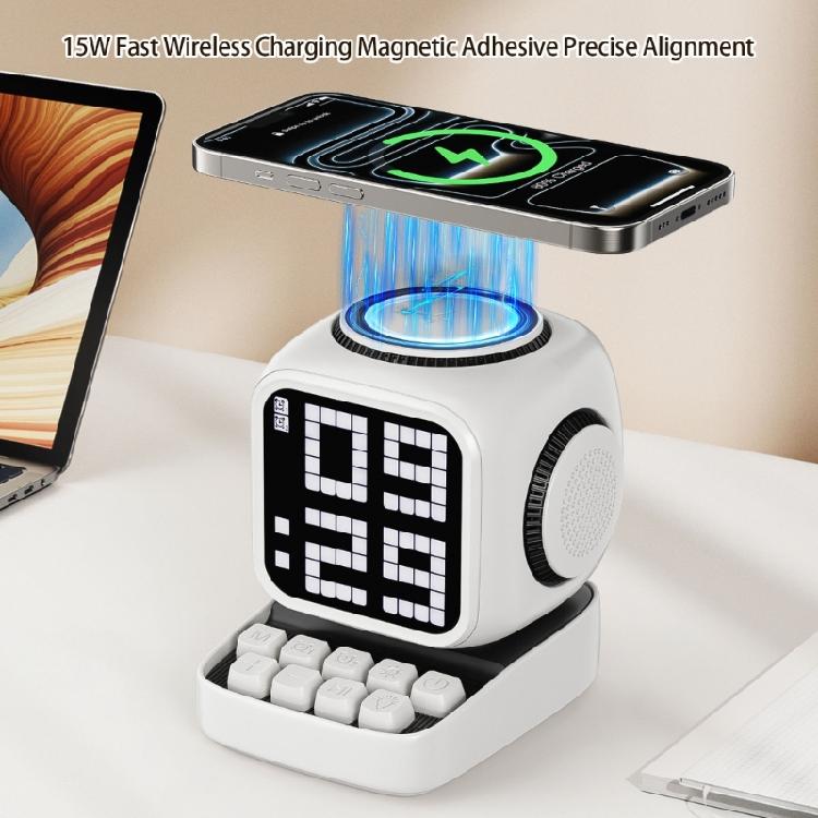 Wireless Charging Speaker 10W Premium Sound Magnetics Alignment Rotating LED Display With Clock And Snooze Alarms
