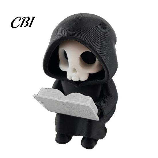 Dark Healing Decor Style Halloween Ornament, Mini 3D Printed Hooded Skull Bookshelf Sculpture Compact Exquisite Details Sculpture, for Desk Decoration