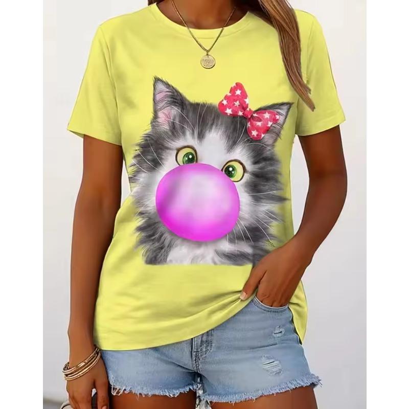 Cartoon Cat 3D Print Round Neck Short Sleeved T-shirt for Women Tees Breathable Polyester Stretch Comfortable for Everyday