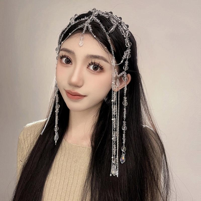 Long Tassel Water Drop Crystal Women Head Chains Clear Bead Forehead Headbands Wedding Party Fairy Ornaments Hairband