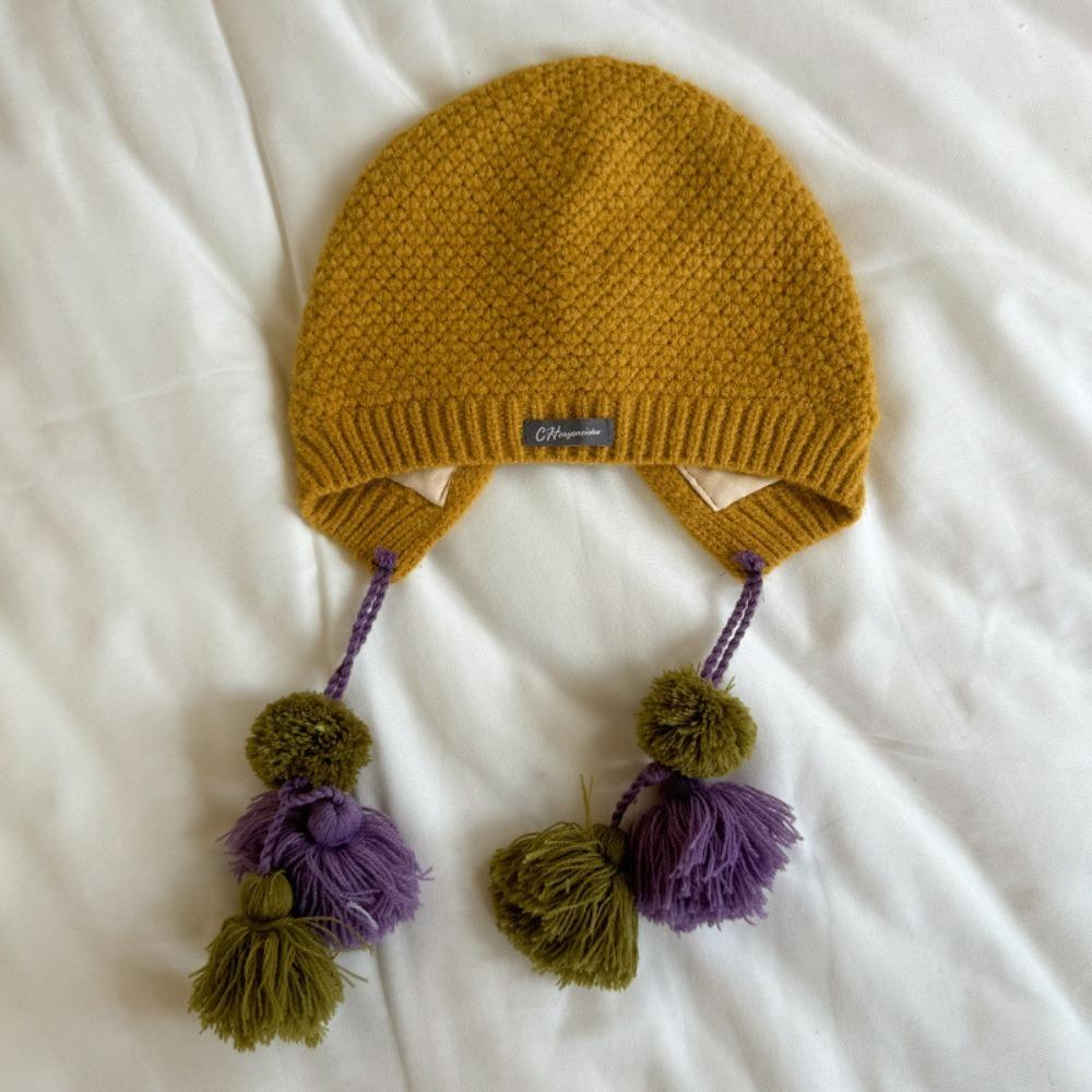 

Korean Children s Tassels Hat Autumn Winter Girls Knitted Hat Cute Handmade Crochet Hat Kids 5-12Y жовтий