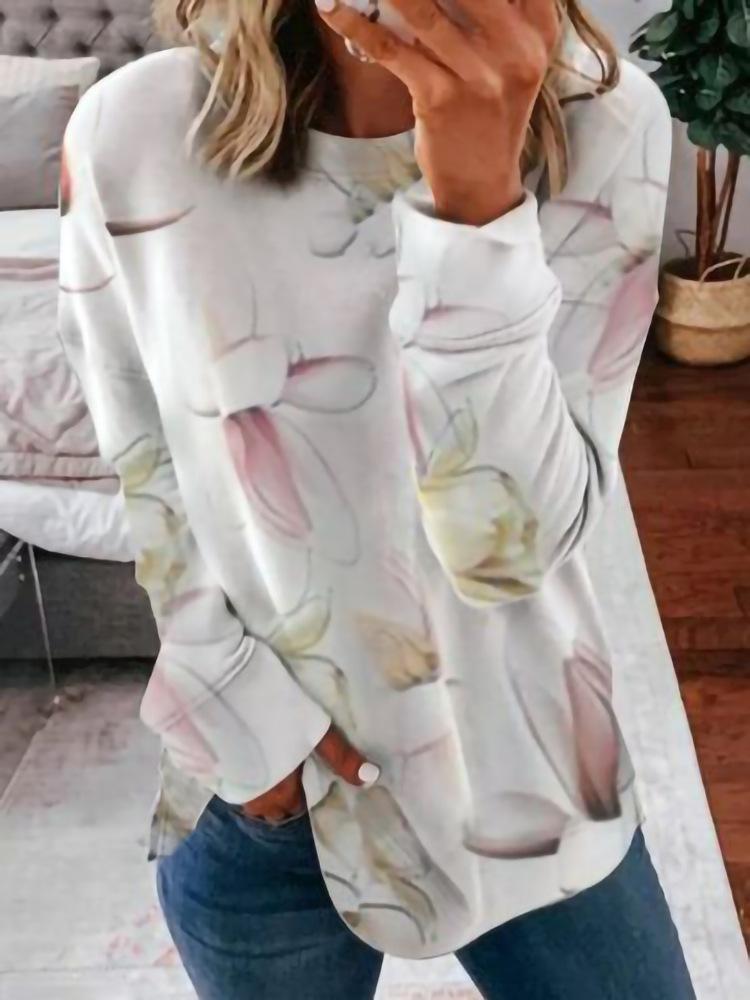 Lässiger Rundhals Langarm Lockerer Pullover Digital Bedruckt Damen Oberteile Sweatshirt Bequeme Passform Trendig Vielseitig für Frühling Herbst