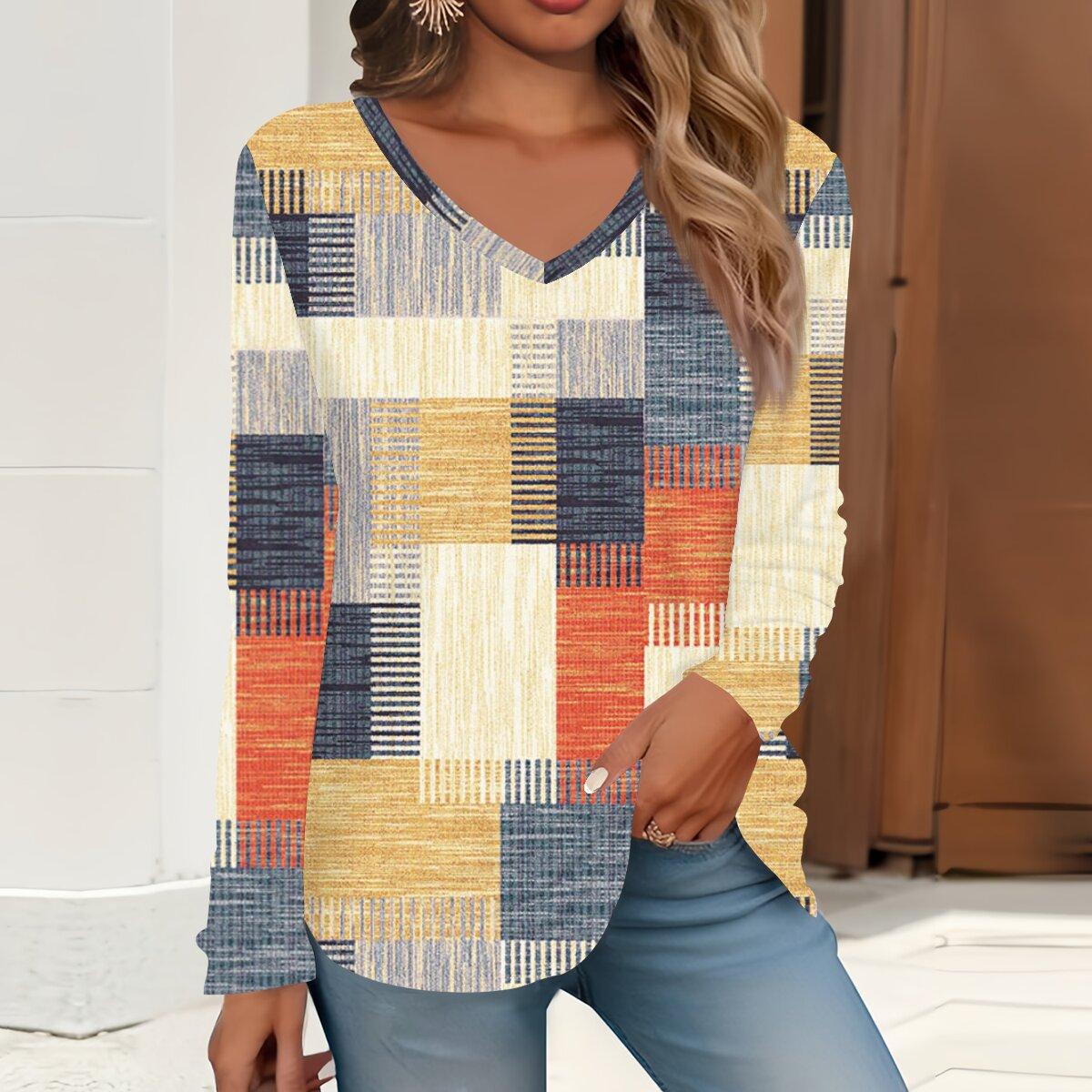 

2023 весна и осень новая мода с длинным рукавом повседневная футболка с v-образным вырезом и принтом