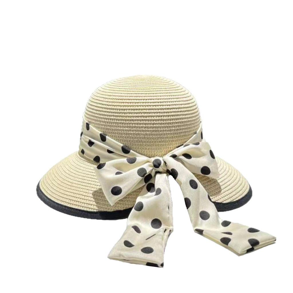 Fairy wind polka dot bow straw hat female summer outing straw weaving sunscreen visor sweet beach fisherman basin hat
