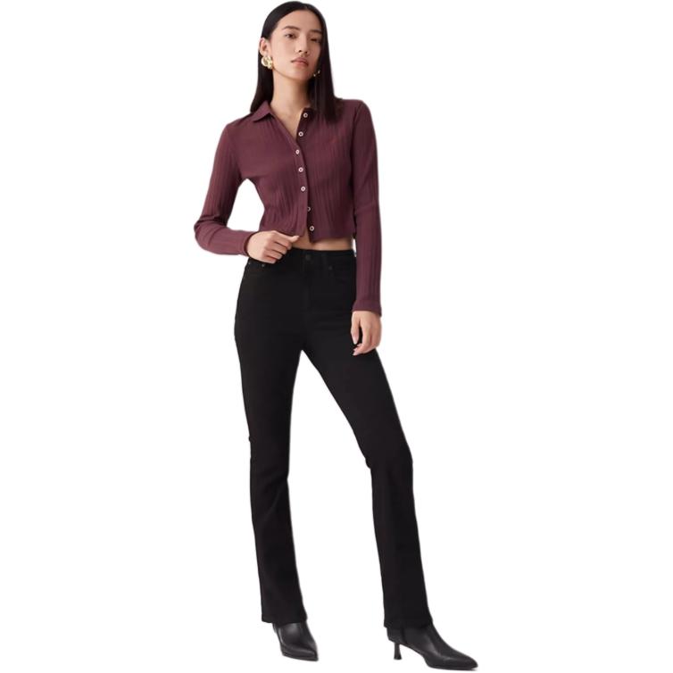 Levis Slim Fit Simple Fashion Long Sleeve Regular T-Shirt Women Tops Wine-Red 0018P-0000