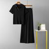Women's Olo Collar Pullover Short-sleeved Top + Thin and Versatile Solid Color Wide-leg Trousers Knitted Fashion Suit