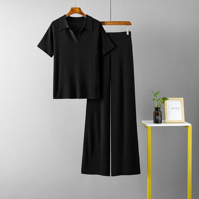 Women's Olo Collar Pullover Short-sleeved Top + Thin and Versatile Solid Color Wide-leg Trousers Knitted Fashion Suit