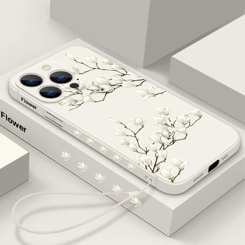 Shockproof Flower Print Phone Case For iPhone 16 Pro Max 15 Plus 14 13 Pro 12 Mini 11 Silicone Lanyard TPU Hard Slim Shell