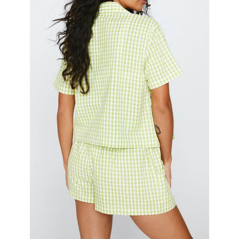 Yeni Gingham Pijama Şort Takımı Kadın 2 Parça Lounge Takımı Kısa Kollu Yaka Ekose Gömlek Üst Şort Pijama Takımları