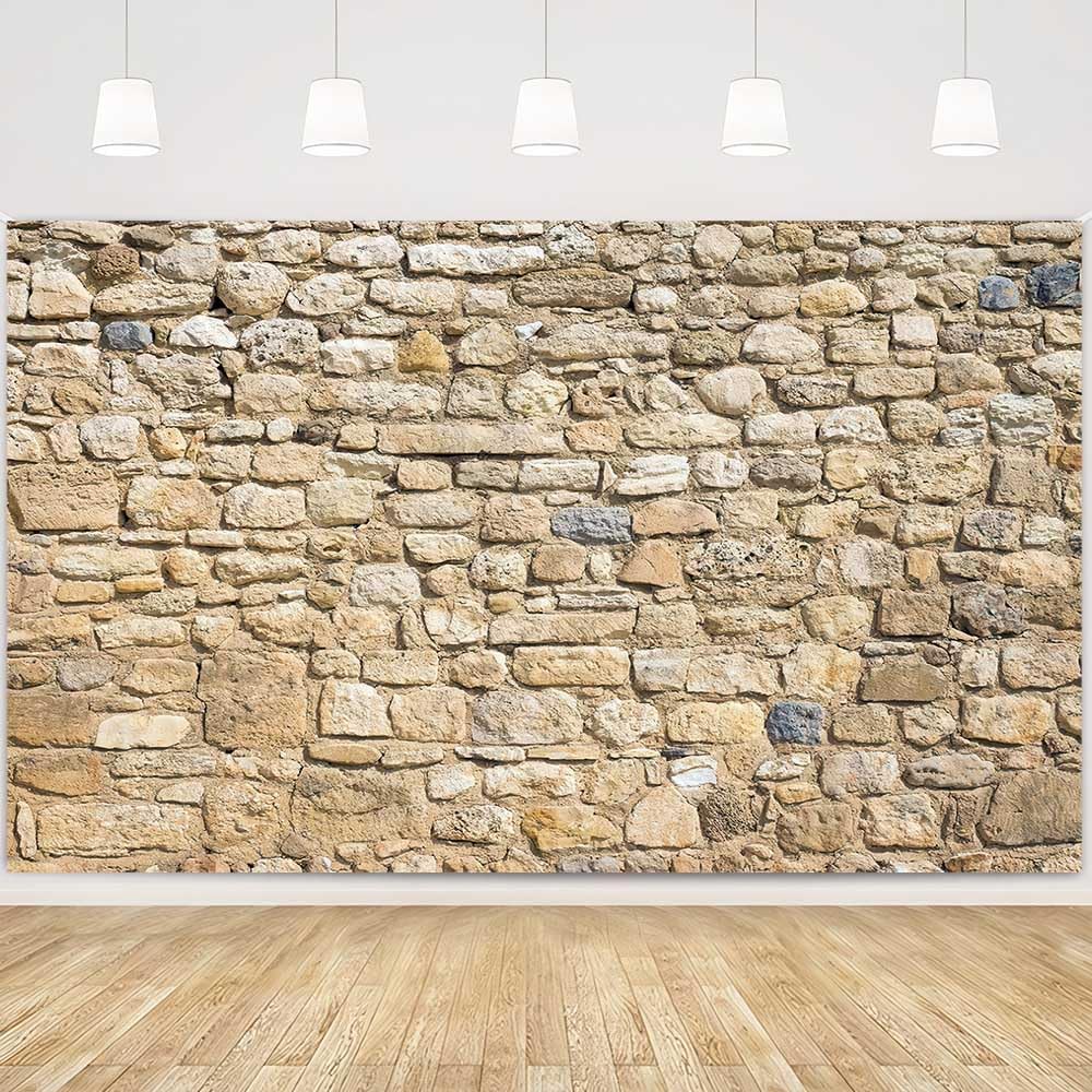 7x5FT Polyester Light Brown Rock Wall Backdrop Brick Stone Rustic Photography Background Supplies for Vintage Birthday Party Newborn Ph