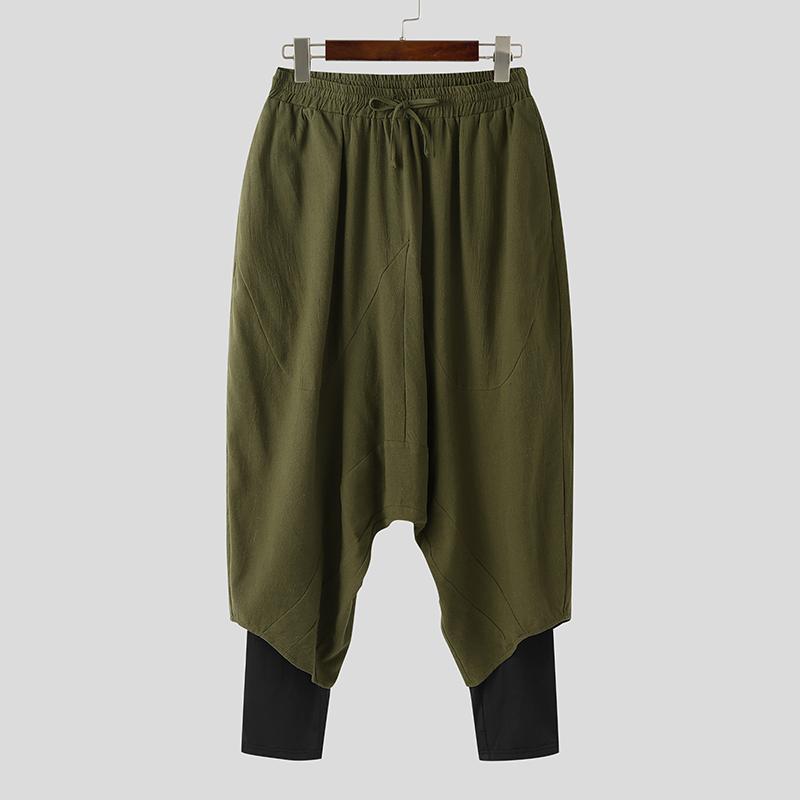 INCERUN Pantaloni Larghi Casual da Uomo a Vita Elastica, Finto Due Pezzi, Cavallo Basso, Lunghi