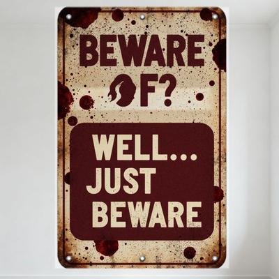 Placa de Metal Enferrujada Vintage CUIDADO com Manchas de Sangue e Silhueta de Rosto Placa de Aviso Retrô para Decoração de Parede de Casa Bar Man Cave