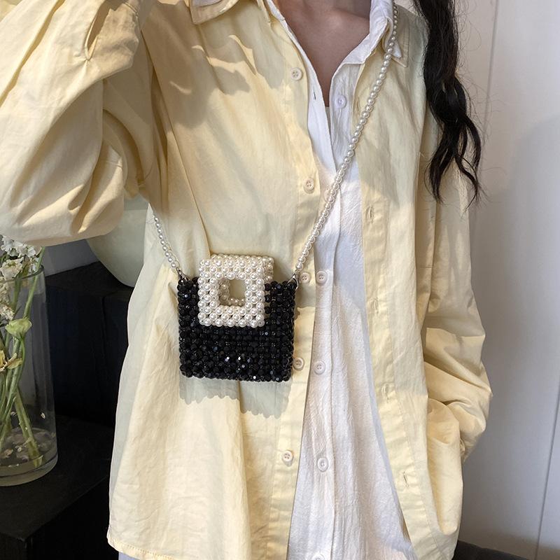 Fashion Original Style Pearl Weaving Contrasting Color Hollow Mini Women's Small Square Bag Spring New Shoulder Messenger Bag