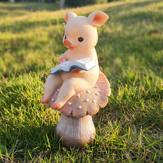 Animal On Mushroom Figurine Garden Resin Reading Pig Statue Knitting Rabbit Ornament for Fairy Garden Flowerpot Balcony Desk