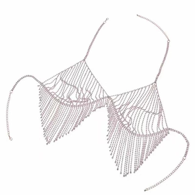 Sexy Beach Jewelry, Rhinestone Fringed Body Chain, Bikini Breast Chain, Rhinestone Underwear Bra.