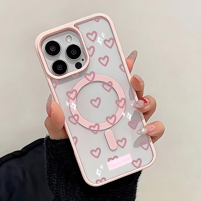 Pink Heart-Shaped Love Pattern Magnetic Transparent Phone Case For iPhone 17 Air 16 15 14 13 12 Pro Max 11 16E 17E 16 Plus Cover
