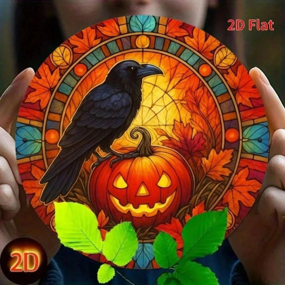 Vintage Iron Wall Art Round Sign Black Bird Pumpkin Autumn Leaves Halloween Home Decor