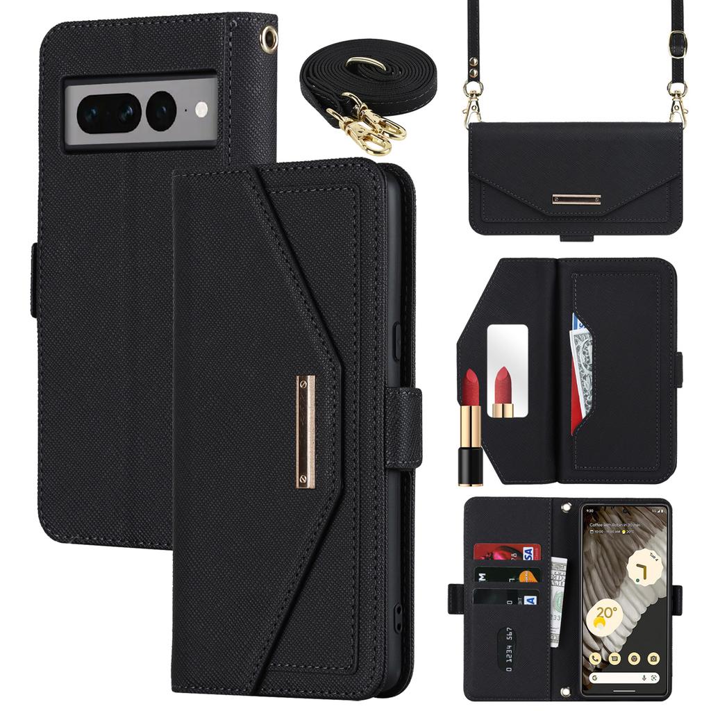 For Google Pixel 7 Pro 5G Stand Case Cross Texture PU Leather Wallet Phone Cover with Shoulder Strap/Makeup Mirror