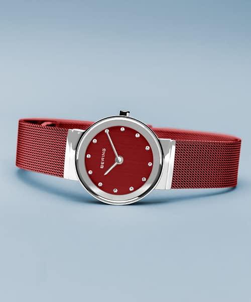 BERING Analog Quartz Classic Collection Watch Stainless Steel Strap Sapphire Crystal Red Mesh Belt x Silver Genuine Imported Product 3 Year Internal