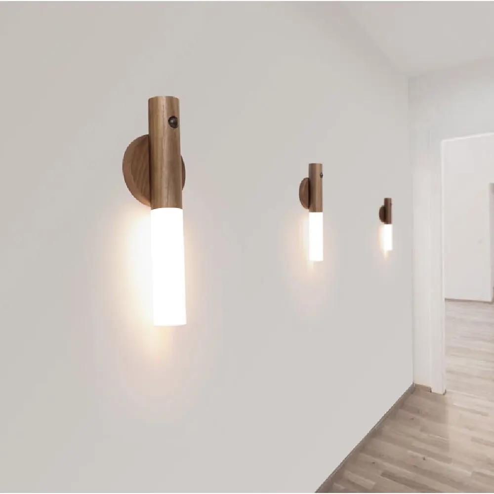 LED Holz Magnetischer Bewegungssensor Nachtlicht, USB Wiederaufladbare Atmosphärenlampe für Treppenhaus Flur Schlafzimmer Schrank