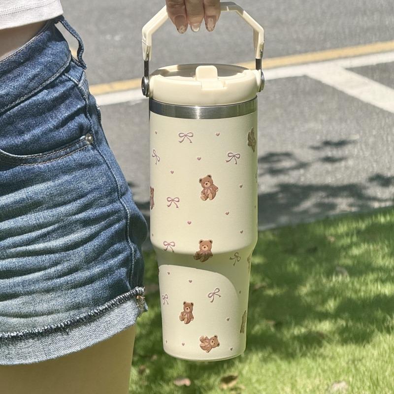 30oz Thermal Water Bottle With Straw Handle Stainless Steel Thermos Hot Coffee Tumbler Cup Car Gym Travel Insulated Thermal Mug