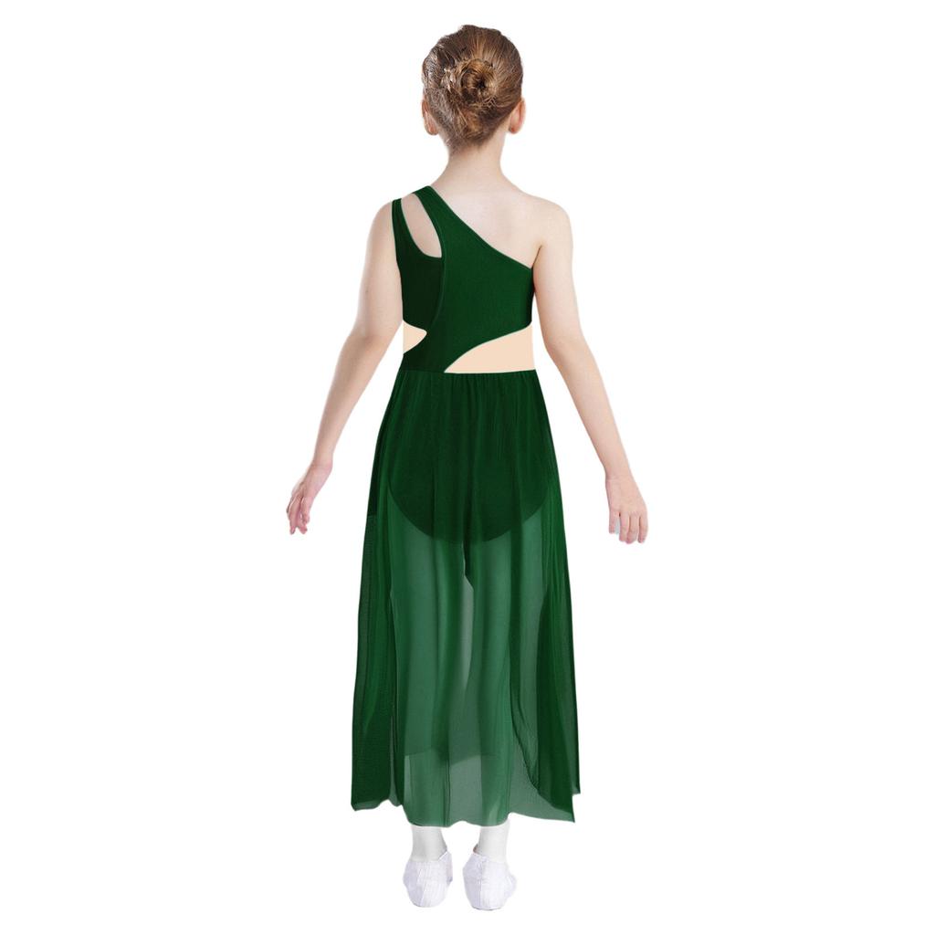 Mädchen Lyrical Tanzkostüm Glänzende Strasssteine Ein Schulter Ärmellos Cutout High Low Fließendes Netzkleid Tanzkleidung