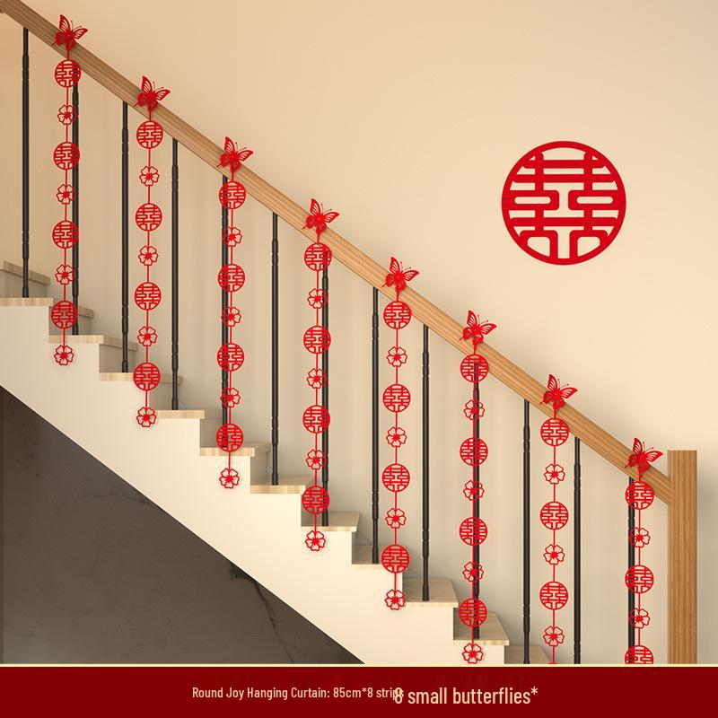Rural Wedding Stair Railing & Room Decoration Set with Double Happiness Pull Flower